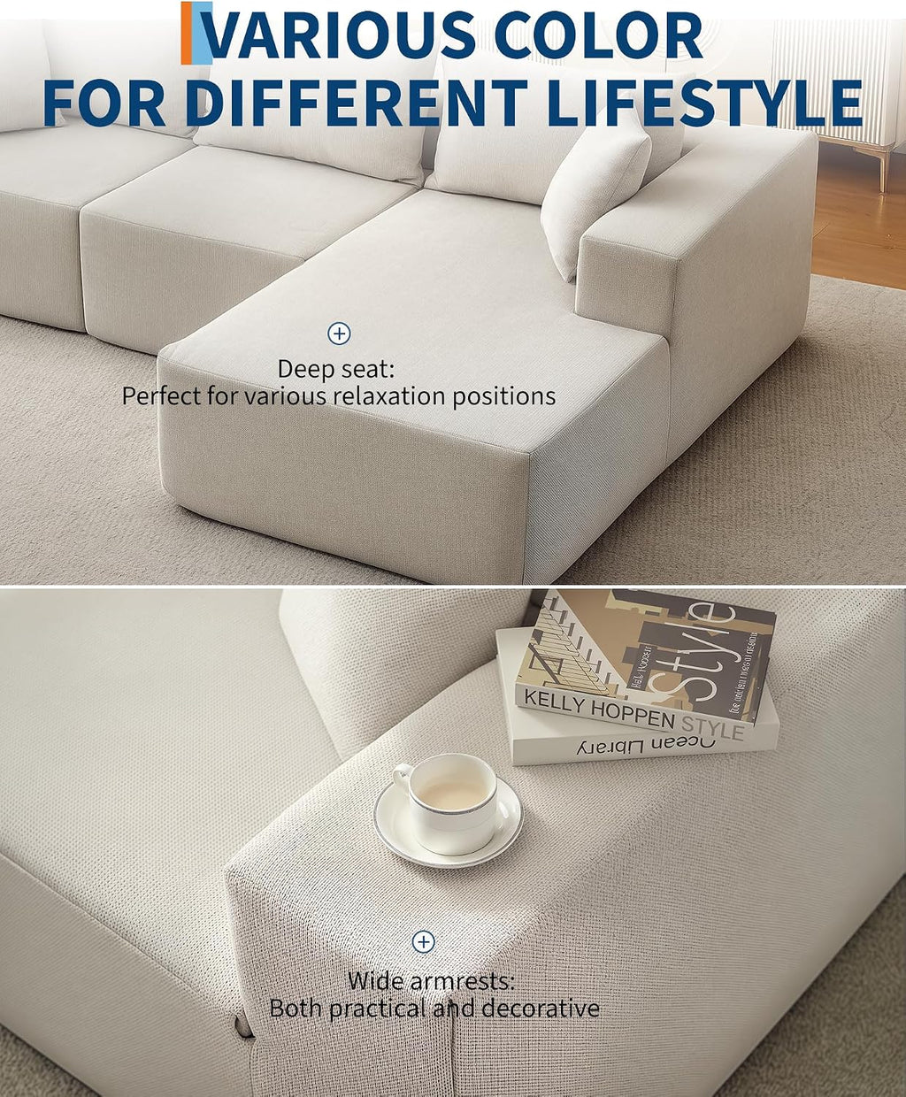 Garvee 108' Modular Sectional Sofa,Cloud Couch Sectional with Right Chaise | Fluffy Compressed l Shaped Sofa for Living Room | Boneless Couch & Sofa Bed Design,No Assembly Required, Beige