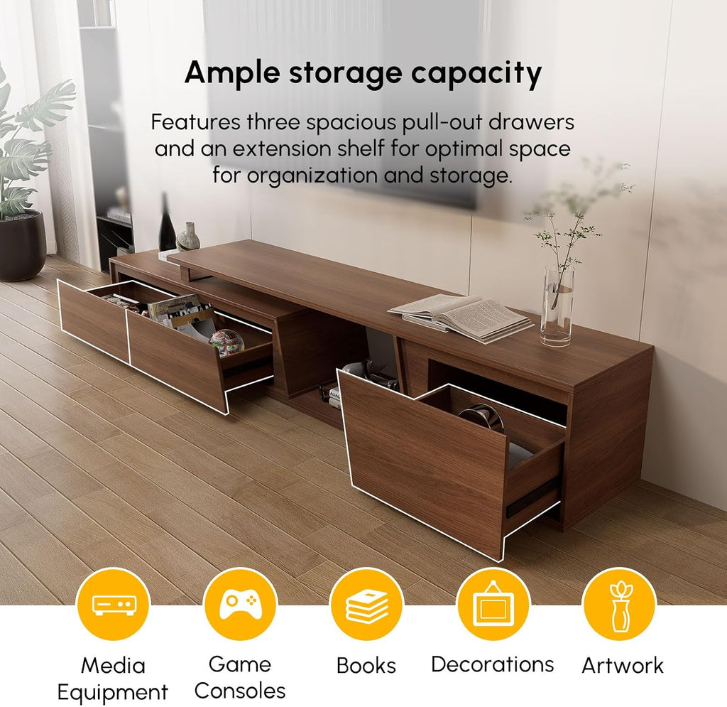 homary TV Stand for Living Room, Walnut Extendable Media Console, Minimalist Media Entertainment Center with 3 Drawers, Adjustable TV Stand for Up to 110 Inch TVs