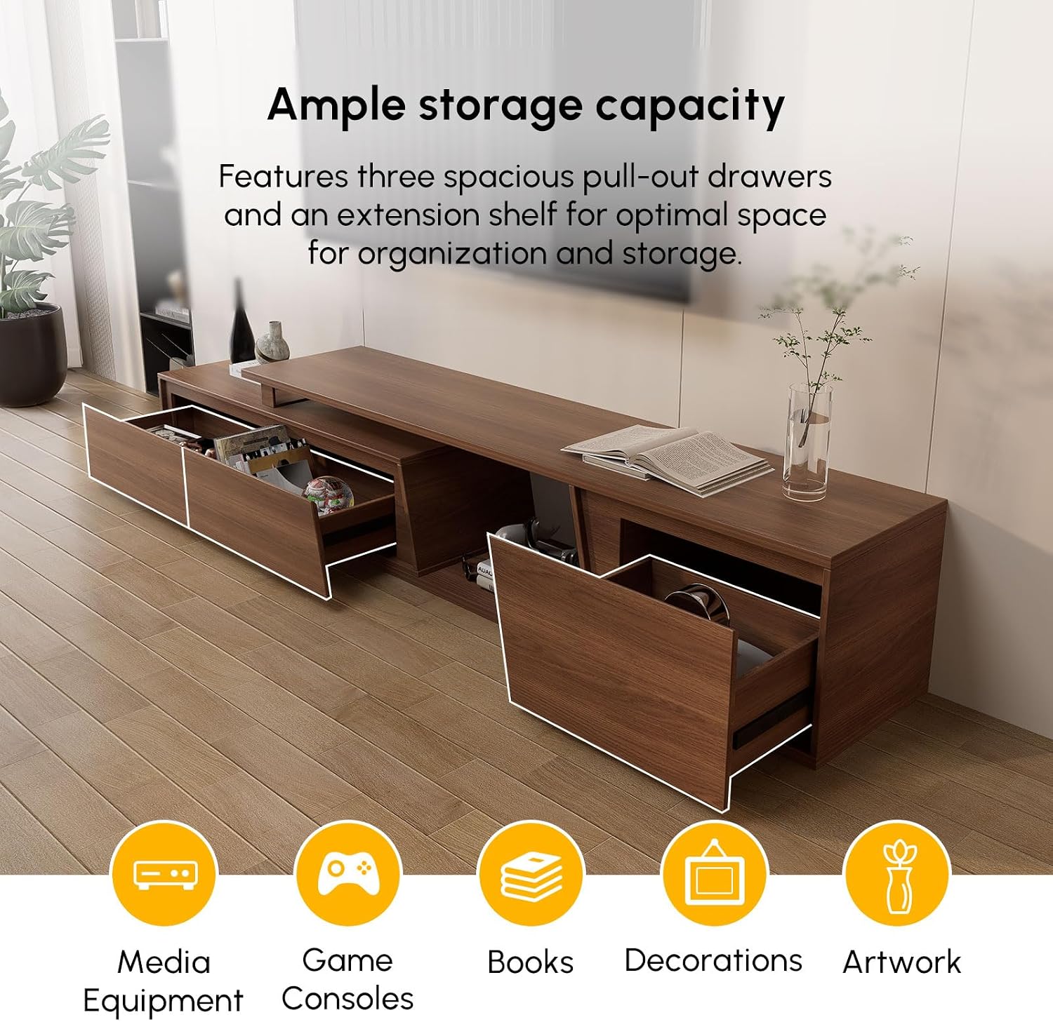 homary TV Stand for Living Room, Walnut Extendable Media Console, Minimalist Media Entertainment Center with 3 Drawers, Adjustable TV Stand for Up to 110 Inch TVs