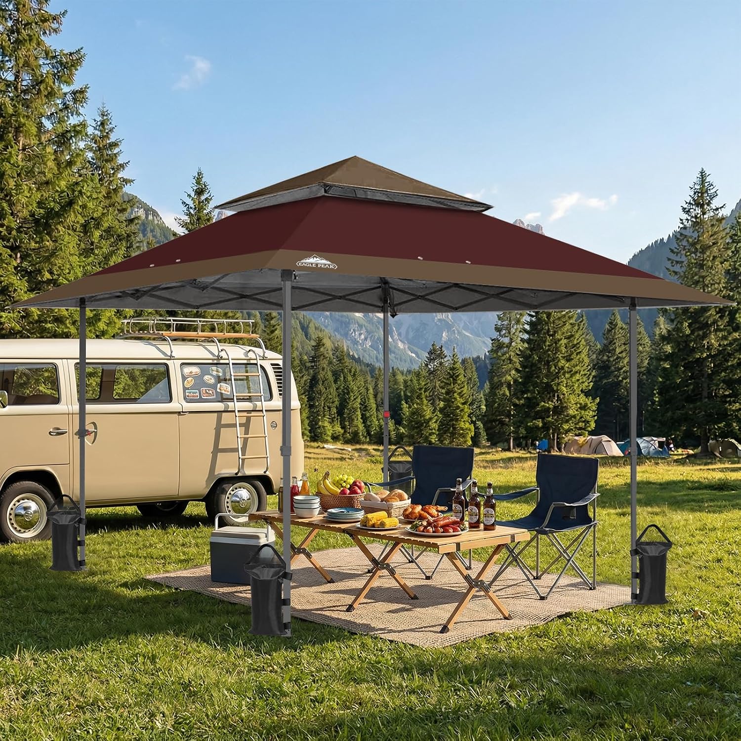 EAGLE PEAK 13x13 Straight Leg Pop Up Canopy Tent Instant Outdoor Canopy Easy Single Person Set up Folding Shelter w/Auto Extending Eaves 169 Square Feet of Shade (Burgundy/Brown)