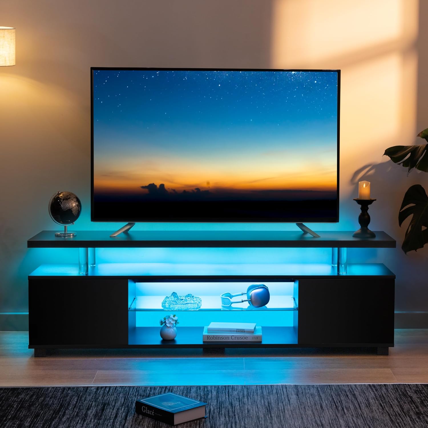 Cubehom Black TV Stand 65 inch,LED TV Stand for Living Room,Glass Entertainment Center TV Stand, TV Console Tables for Living Room,Bedroom,Home Office
