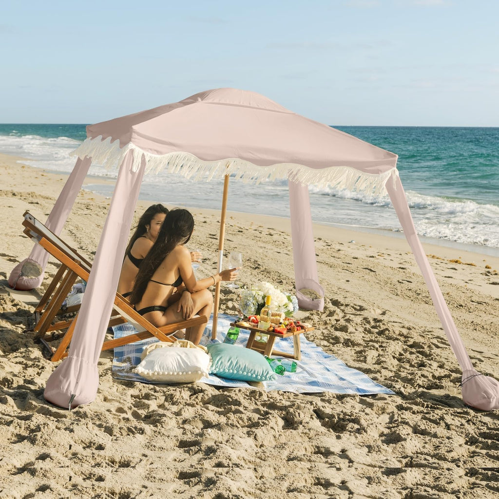 AMMSUN Beach Cabana with Fringe, 7' x 7' Boho Beach Canopy with Tassels, Easy Set up & Premium Wood Pole, Cabana Tent with Sand Pockets, Instant Sun Shade for Sand, Garden, Patio, Pink Coral