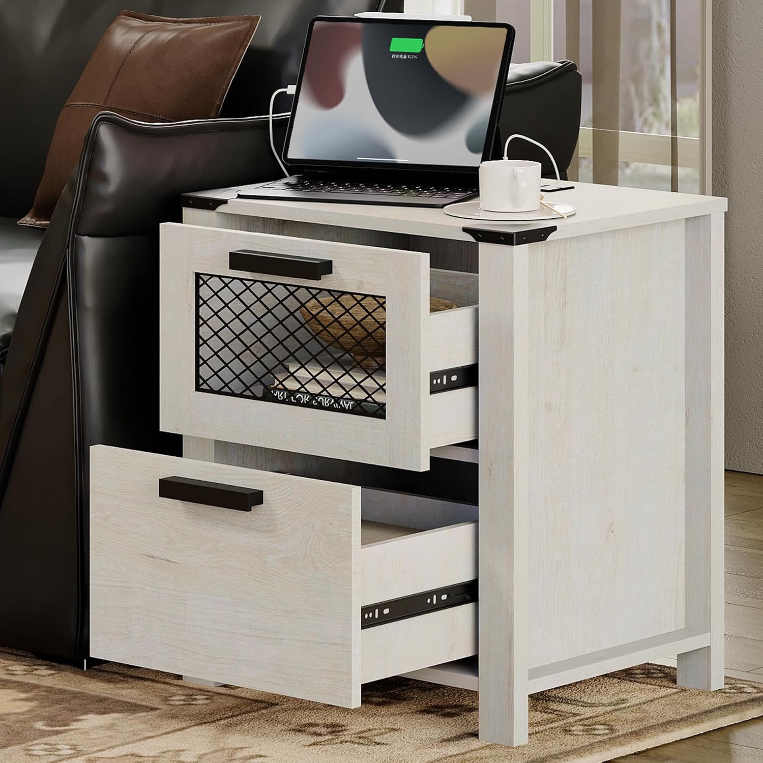 WAMPAT TV Stand Set for 85 inch TV with Charging Station, 3 in 1 Wood Entertainment Center TV Console Table for Living Room, Antique White