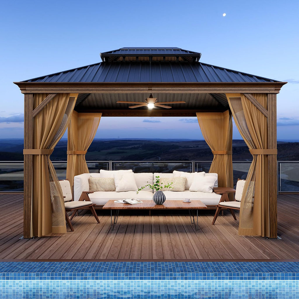 SUNBURY 10'x 12' Hardtop Gazebo, Double Roof Metal Gazebo, Outdoor Aluminum Frame Gazebos with Mosquito Netting and Privacy Screen for Patio, Backyard, Lawn, Garden, Deck, Wooden Look (Black Walnut)
