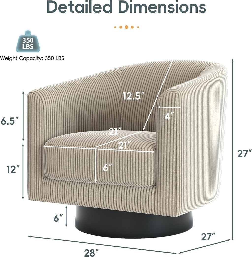 Swivel Accent Chairs, 360 Degree Bucket Chair, Modern Upholstered Barrel Armchair, Comfy Corduroy Single Sofa for Living Room Bedroom, Camel