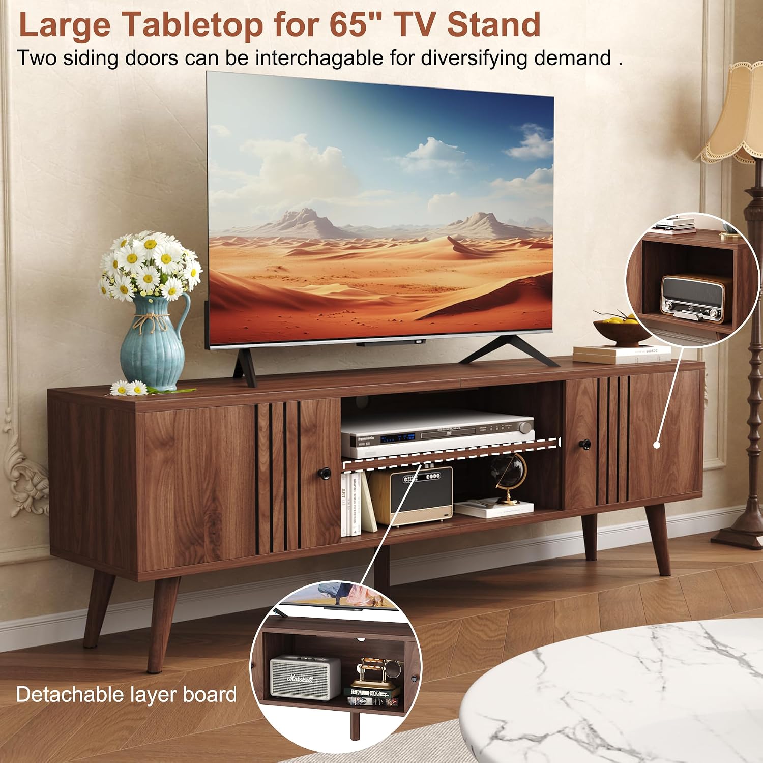 HOMEFORT TV Stand for 65/60/55 Inches, Mid-Century Modern TV Stand with Storage,Media Console Table,Entertainment Center with Sliding Door for TVs up to 65',for Bedroom,Living Room (Walnut)