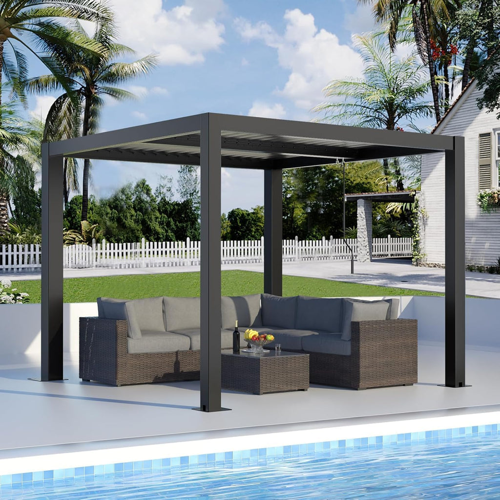 LVUYOYO Outdoor Louvered Pergola 10' x 10', Patio Aluminum Pergola with Adjustable Roof, Metal Gazebo for Backyard, Garden, Deck(Black)