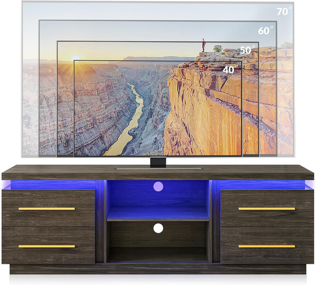 BELLEZE 66' TV Stand for TVs Up to 75', Entertainment Center with Music Sync LED Lights, Media Console Table Storage Cabinet with Open Shelves & Drawers for Living Room, Bedroom - Hawthorn (Brown)