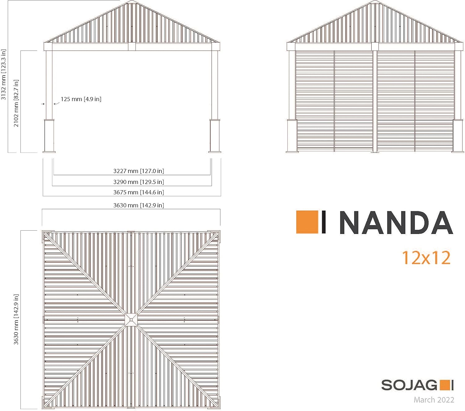Sojag Outdoor 12' x 12' Nanda Louver Wall Hardtop Gazebo Outdoor Sun Shelter, Light Grey