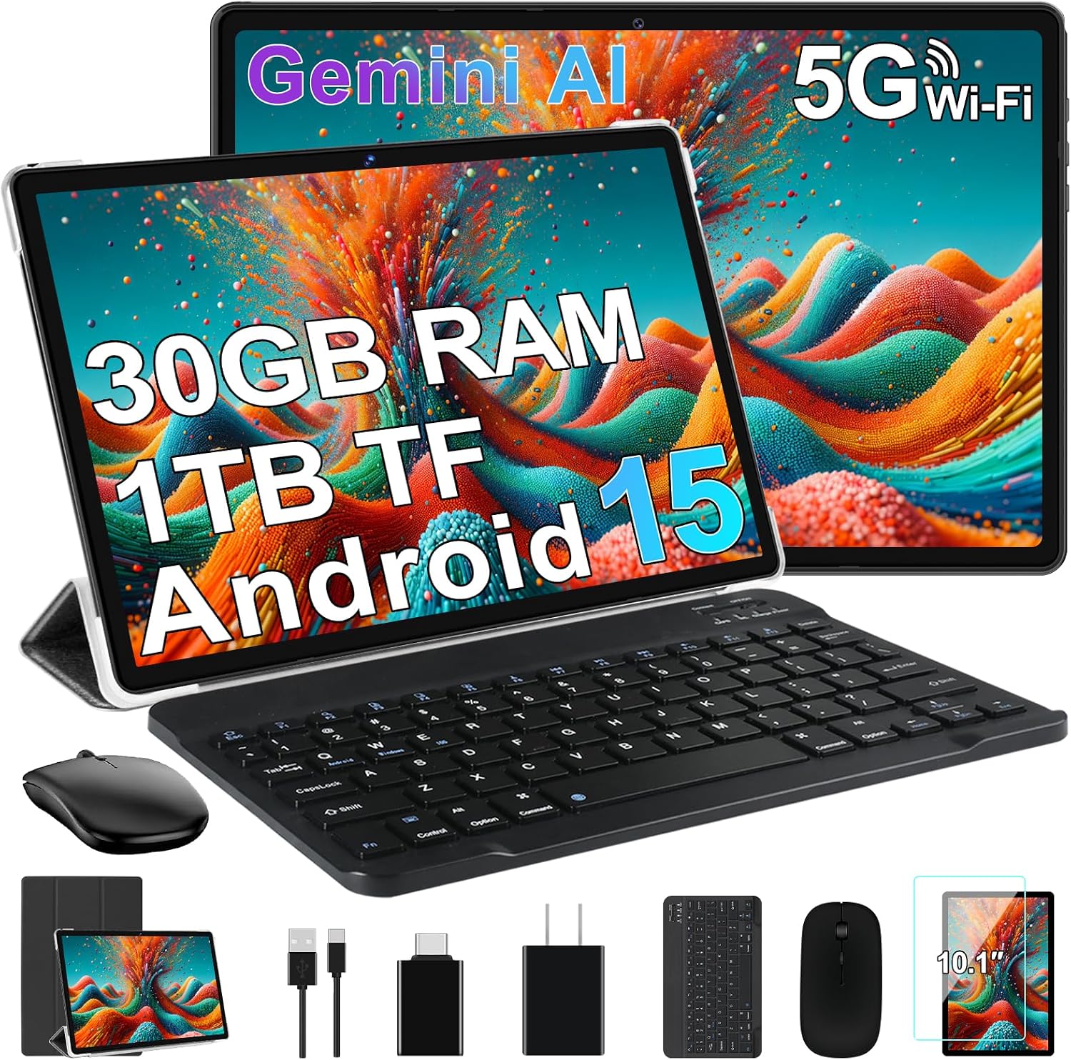 DMOAO Tablet, 2026 Android 15 Tablet with Gemini AI, 30GB RAM 64GB ROM /1TB TF, 6000mAh Battery, Octa-Core 2.0GHz, 10.1 Inch FHD Display, Widevine L1, 2 in 1 Tablets with Keyboard Mouse(Black)