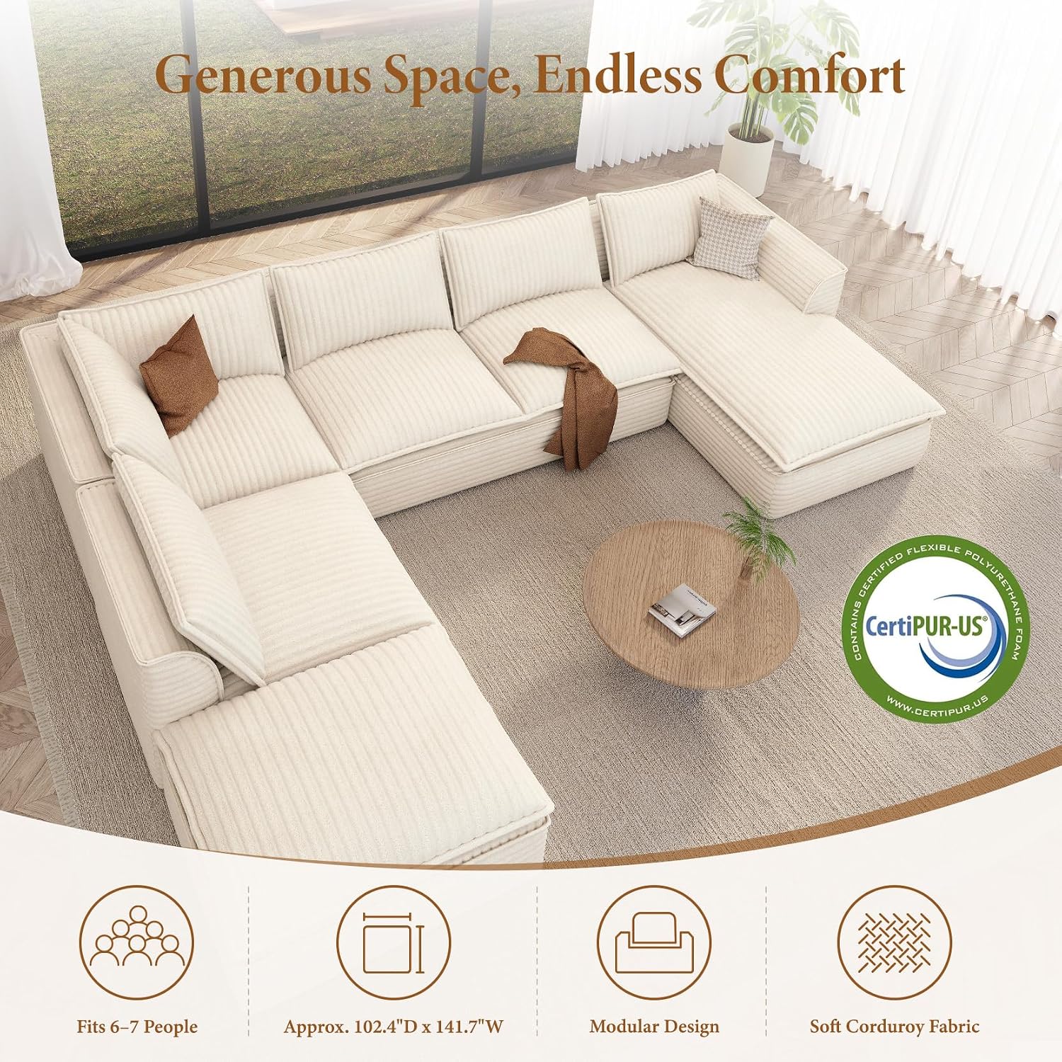 Vesgantti 141.7' Oversized Sectional Boneless Couch, Modern 7 Seater Modular Sofa with Chaise & Ottoman, Deep Seat Plush Corduroy Cloud Couches for Living Room, No Assembly Required, Beige