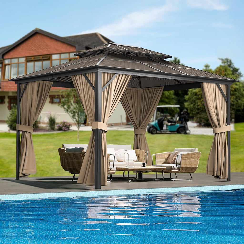 10X13 FT Hardtop Gazebo with Double Roof, Heavy-Duty Aluminum Frame & All-Weather Polycarbonate Canopy, Includes Netting & Curtains for Patio, Garden, Poolside Khaki