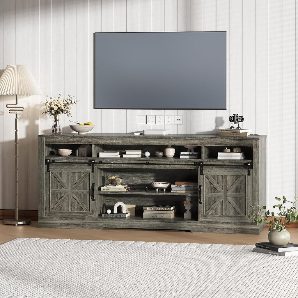 Garvee TV Stand Table for 75 in Television, Media Console Table with Open Storage, Power Outlets, Barn Doors, Entertainment Center with Adjustable Shelves for Home & Office, 66 in Width, Oak