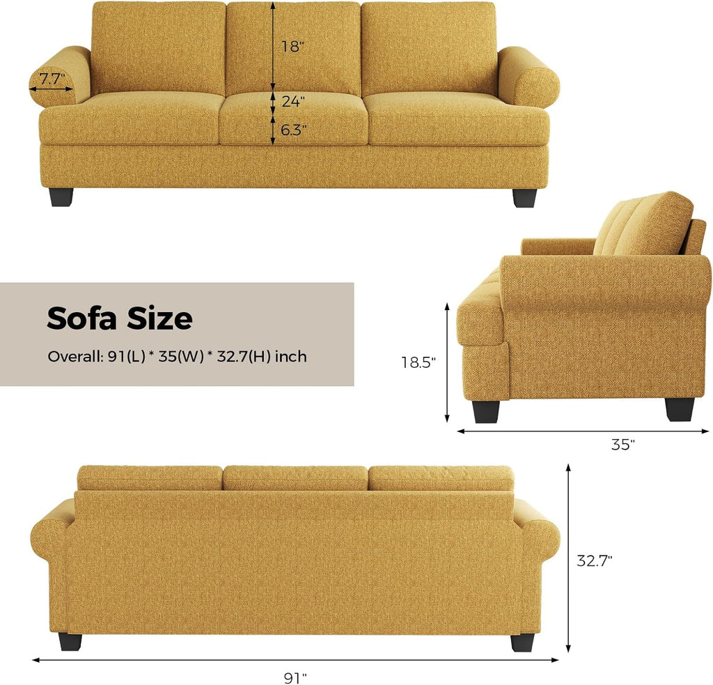 COPIAE 91 Inch Lawson Sofa with Extra Deep Seats Oversize, Mid-Century 3-Seat Sofa Couch, for Living Room, Apartment, Lounge, Yellow