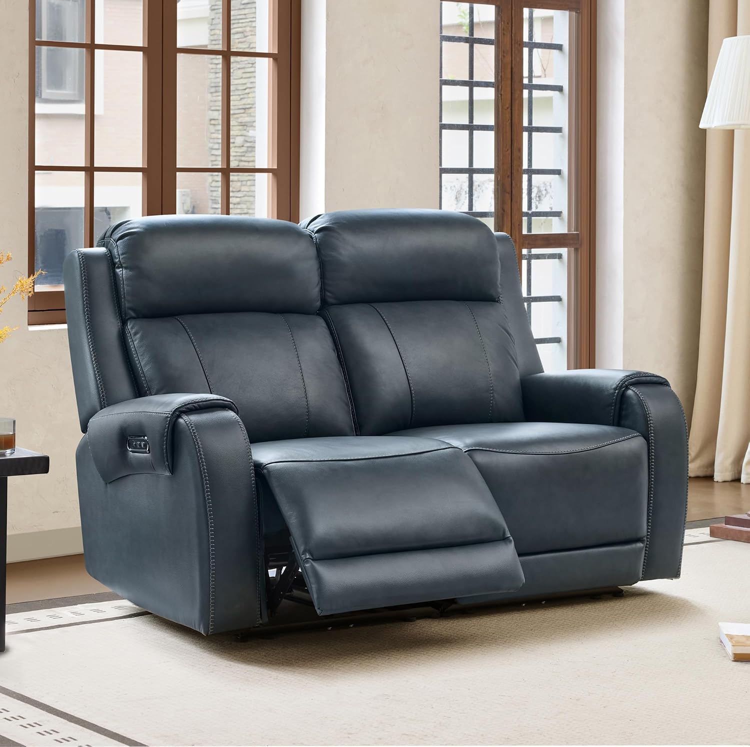 CHITA Genuine Leather Power Recliner Sofa, Wall Hugger Reclining Loveseat with Power Headrest, Dual Motor, USB Charging Ports, Recliner Couch for Living Room, RV, Leather in Navy