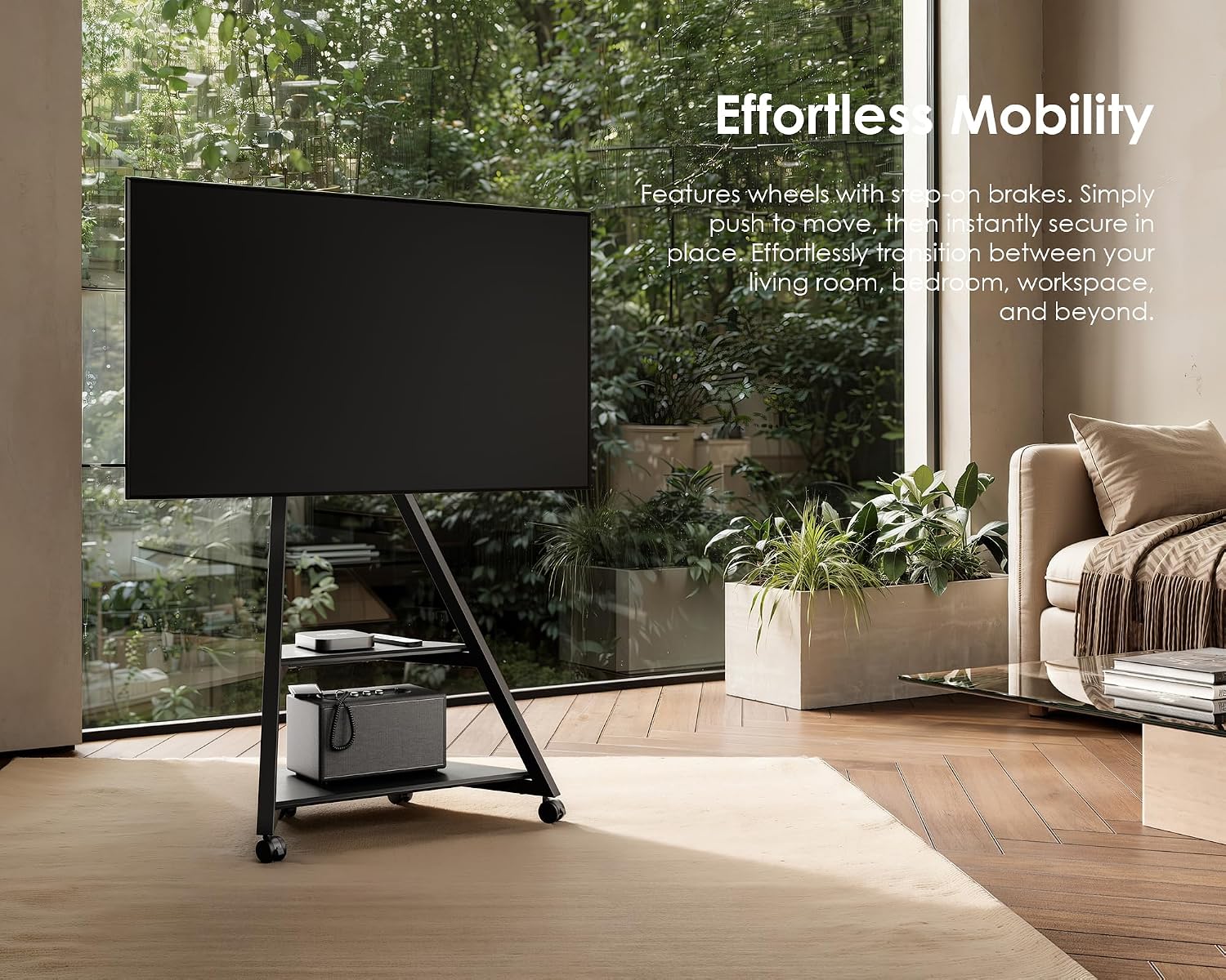 FITUEYES Design Corner TV Stand for 32 43 50 55 65 Inch TVs, Small Spaces Floor TV Stand Rolling TV Cart for LCD/LED Flat Curved Screens, Modern Living Room Television Stands, Eiffel Series, Black