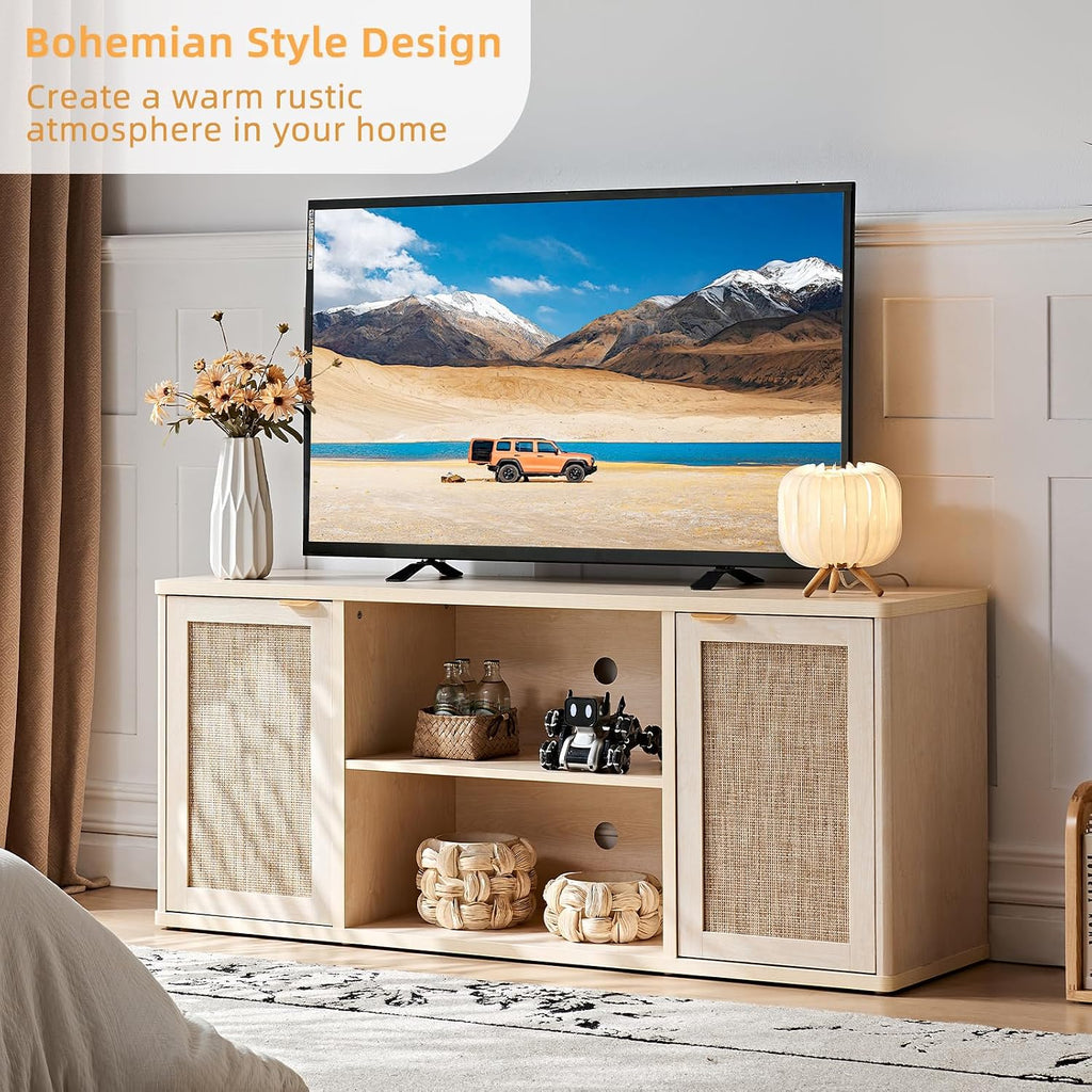 LEYAOYAO Rattan TV Stands for Living Room, Boho TV Cabinet with Storage and Open Shelf, Rustic Wood Entertainment Center, Media Console for 50-65 Inch TV, Light Wood