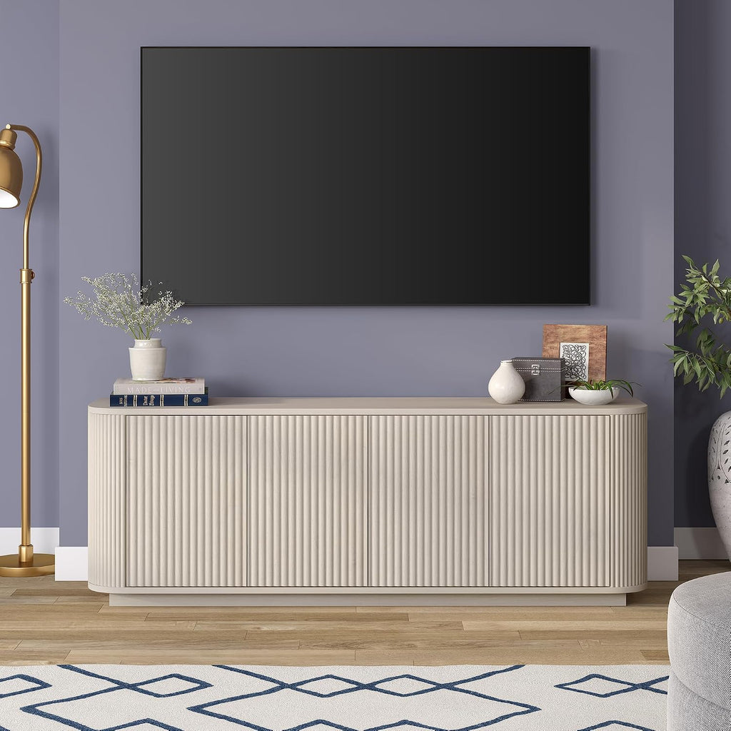 Henn&Hart Fluted TV Stand for TVs up to 75' with 2 Storage Cabinets with an Adjustable Shelf for Living Room, Family Room, or Office, Beech White