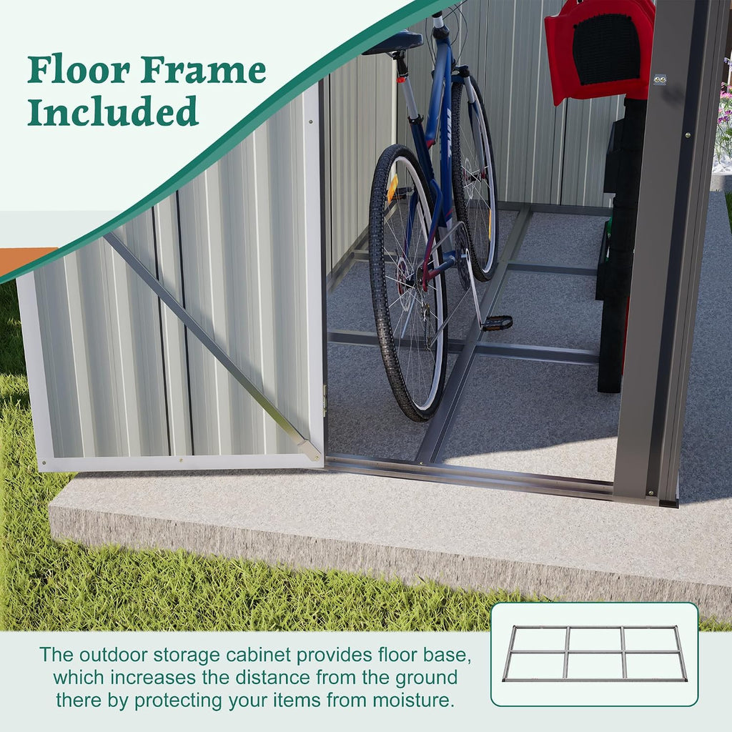 YOPTO 4×8 FT Lean to Metal Shed,Outdoor Heavy-Duty Storage Shed with Floor Base,All Weather Waterproof Garden Tool House W/Lockable Door&2 Air Vents,Reversible Door Design,for Backyard,Patio,Lawn,Gray