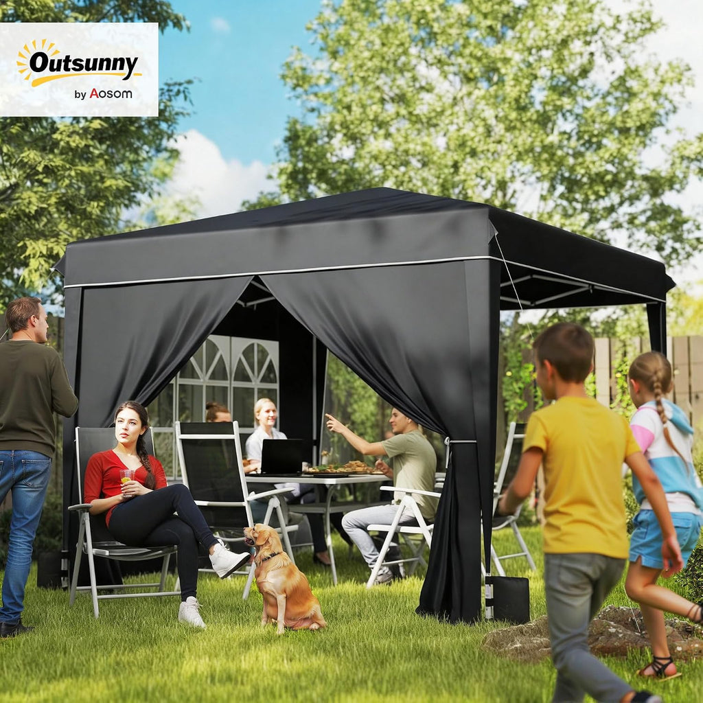 Outsunny 10 x 10 ft Pop Up Canopy Tent with Sidewalls, UPF50+ Outdoor Portable Instant Canopy Shelter with Carry Bag, Sandbags, Adjustable Height for Parties, Events, Camping, Black