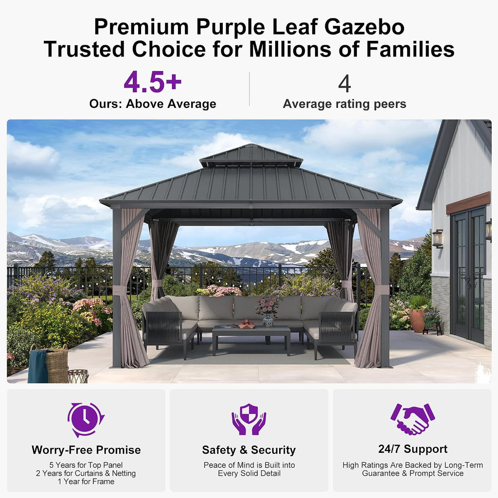 PURPLE LEAF 12'x12' Hardtop Gazebo with Lights Heavy-Duty Galvanized Steel Double Roof Outdoor Patio Gazebo Including Netting and Curtains for Garden Lawn Backyard Grey