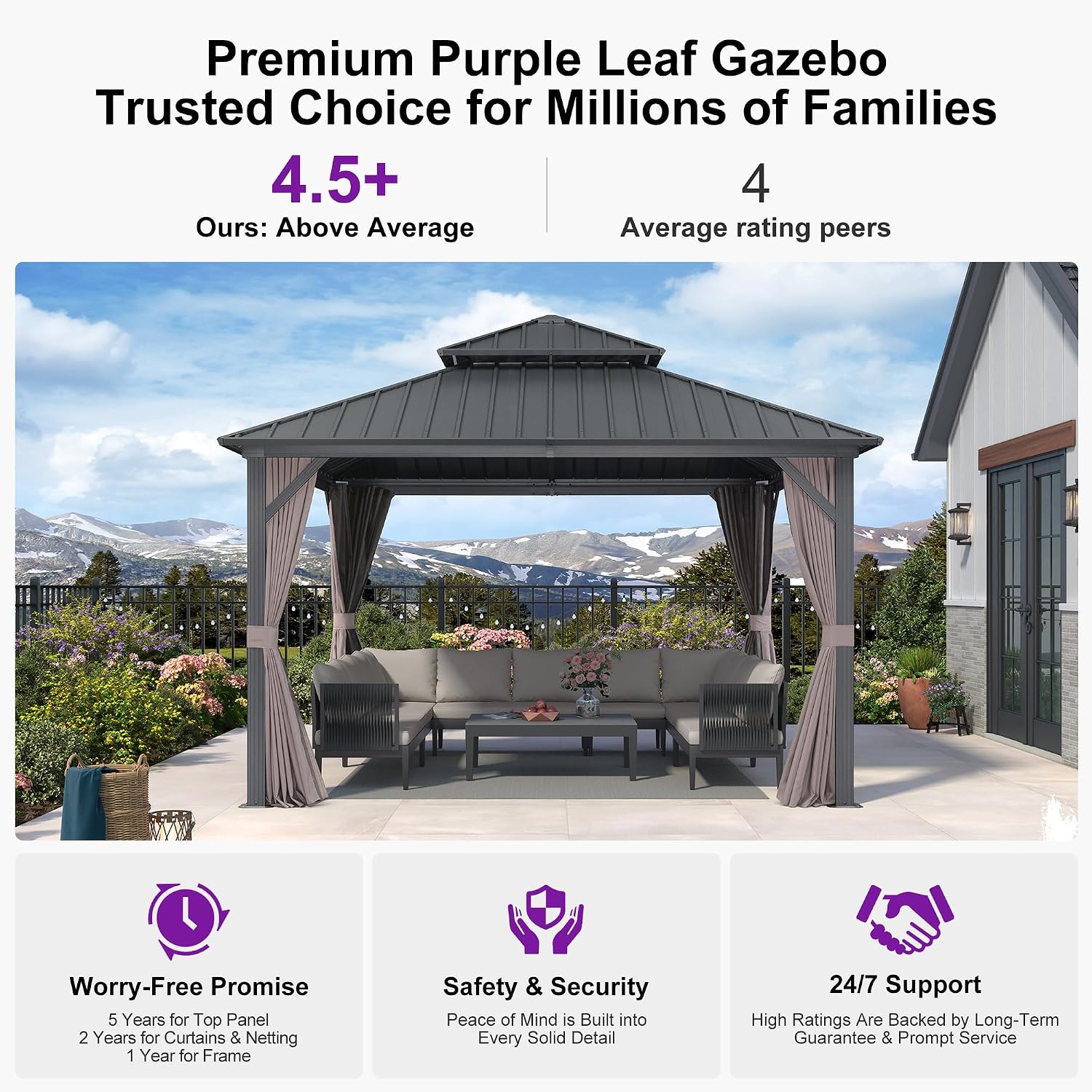 PURPLE LEAF 12'x12' Hardtop Gazebo with Lights Heavy-Duty Galvanized Steel Double Roof Outdoor Patio Gazebo Including Netting and Curtains for Garden Lawn Backyard Grey
