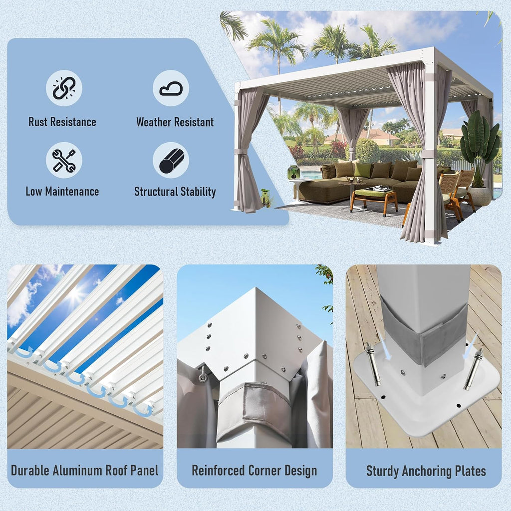 YOLENY Louvered Pergola - 10x10, All Aluminum with Adjustable Rainproof Roof, Outdoor Pergola with Curtains and Nets for Patio & Garden, White