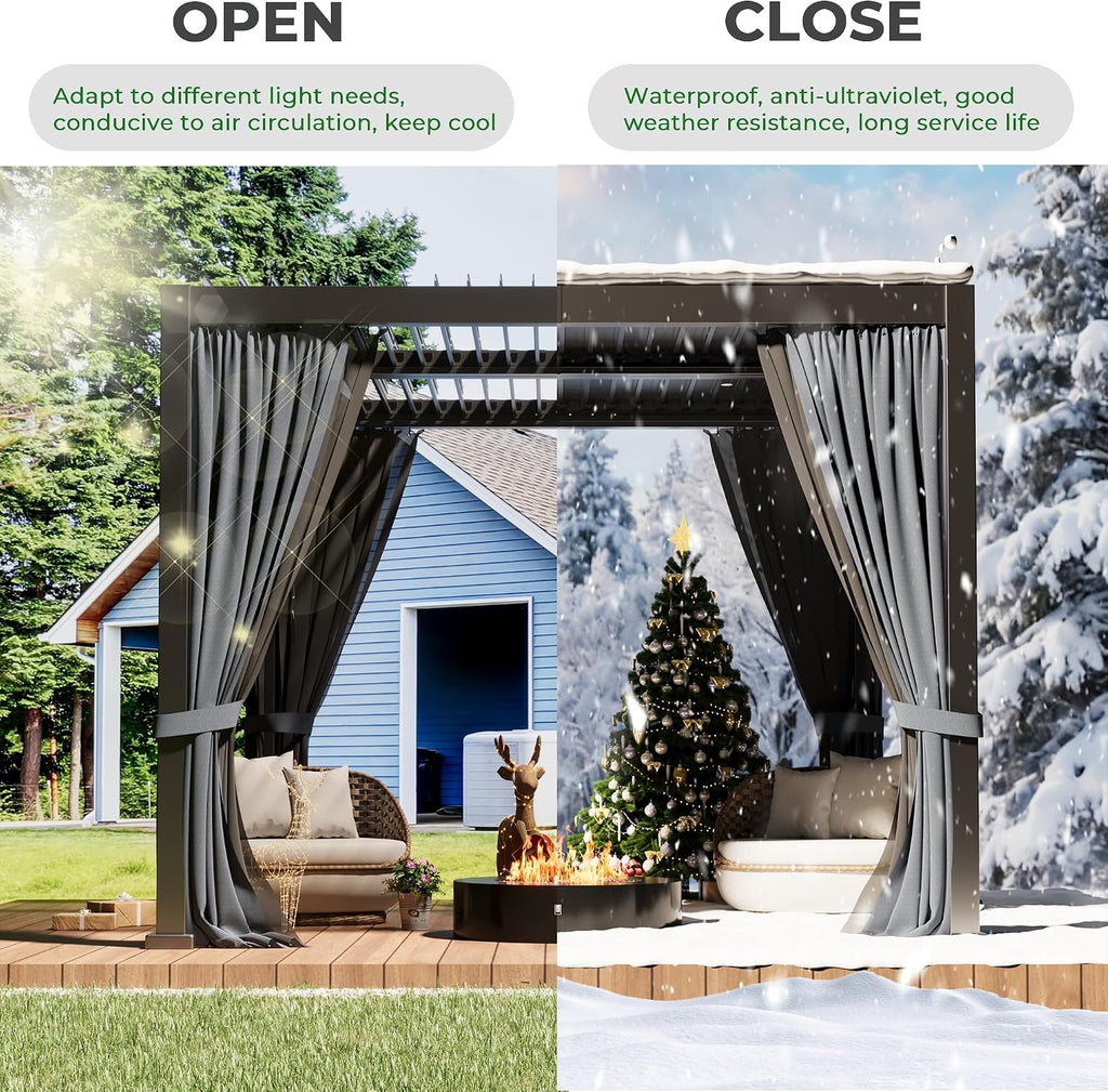 10×10 FT Aluminum Louvered Pergola, Outdoor Metal Pergola with Adjustable Waterproof Louvered Roof, Outdoor Gazebo with Curtains & Nets for Patio, Backyard, Garden (Grey)