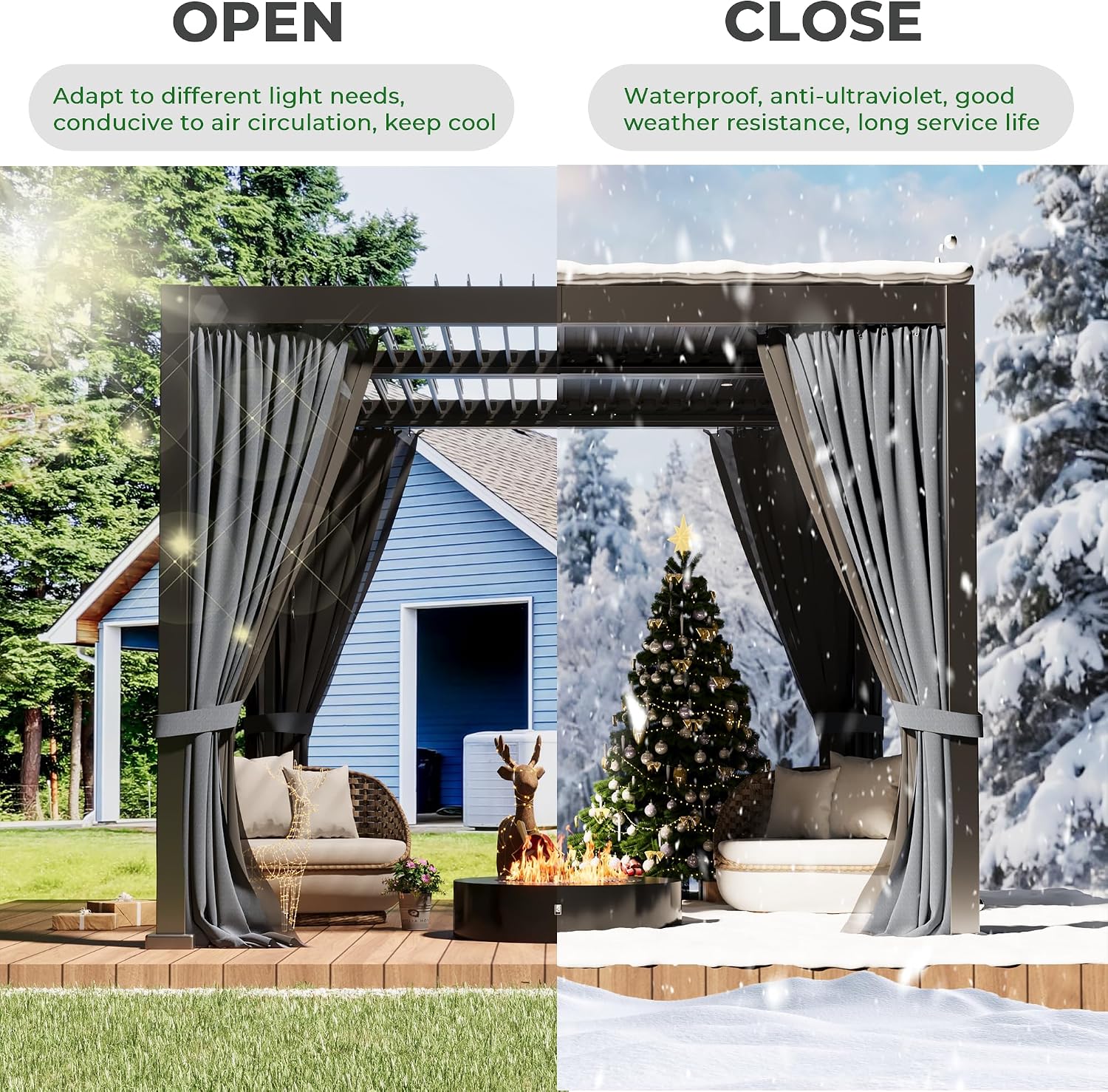 10×10 FT Aluminum Louvered Pergola, Outdoor Metal Pergola with Adjustable Waterproof Louvered Roof, Outdoor Gazebo with Curtains & Nets for Patio, Backyard, Garden (Grey)