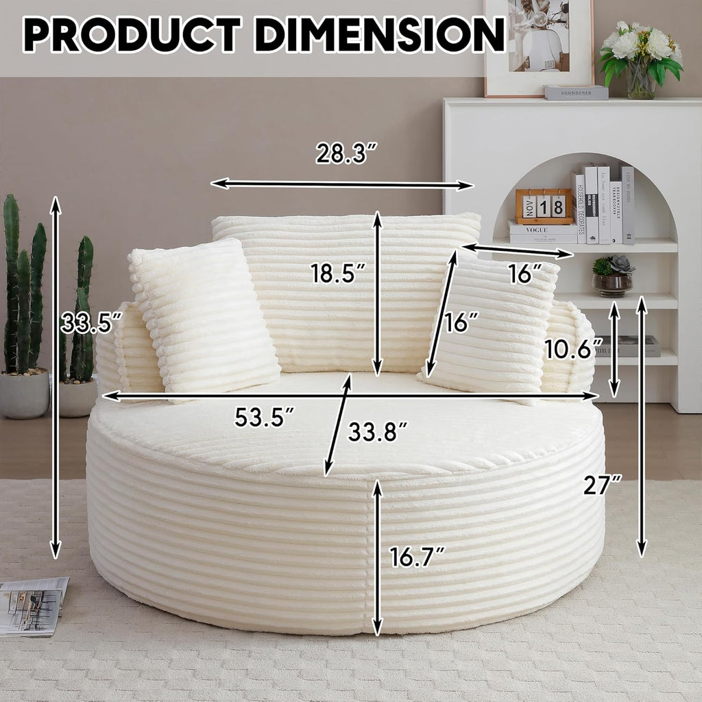 Oversized Round Chair Lounge Chaise Indoor, 53.5' Upholstered Corduroy Deep Seat Single Cloud Sofa Chair, Fluffy Modern Large Circle Boneless Sleeper Sofa for Living Room, Bedroom, Beige White