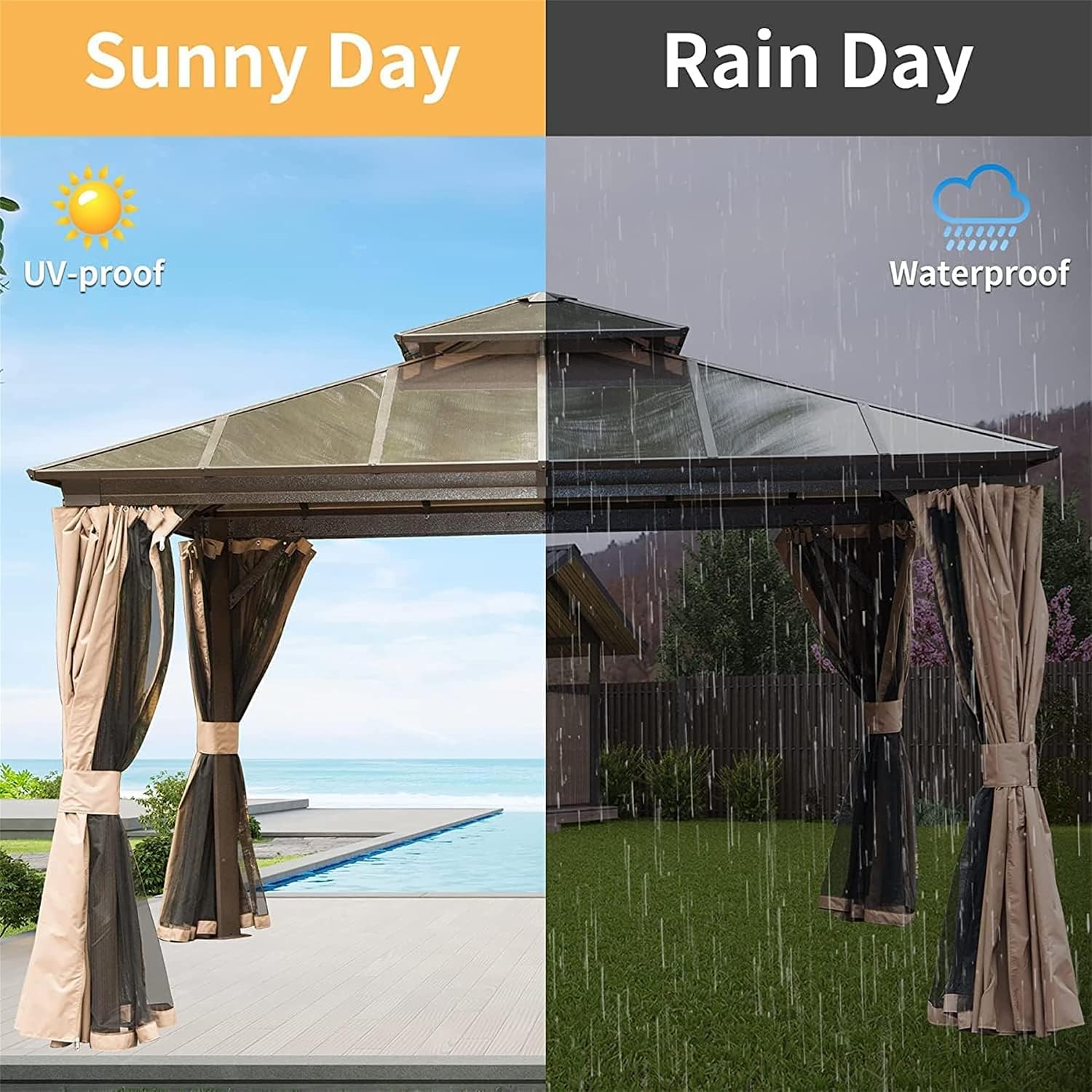 12'x12' Hardtop Gazebo, Pent Outdoor Gazebo with Polycarbonate Double Roof, Aluminum Gazebo Pavilion with Curtain and Net for Garden, Patio, Lawns, Deck, Backyard(Brown)