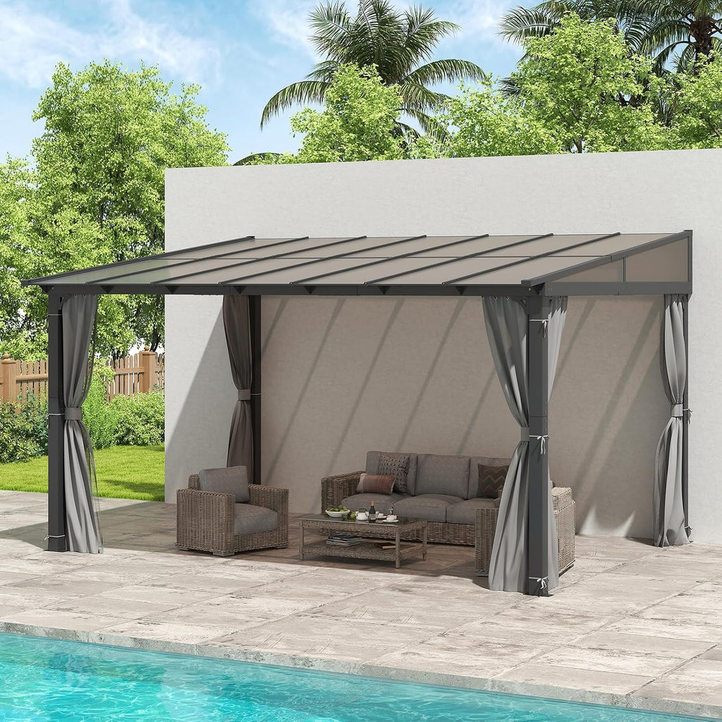 10'x13' Gazebo, Wall Mounted Gazebo Pergola with Aluminum Frame, Curtains and Netting for Patio,Decks, Garden and Lawn