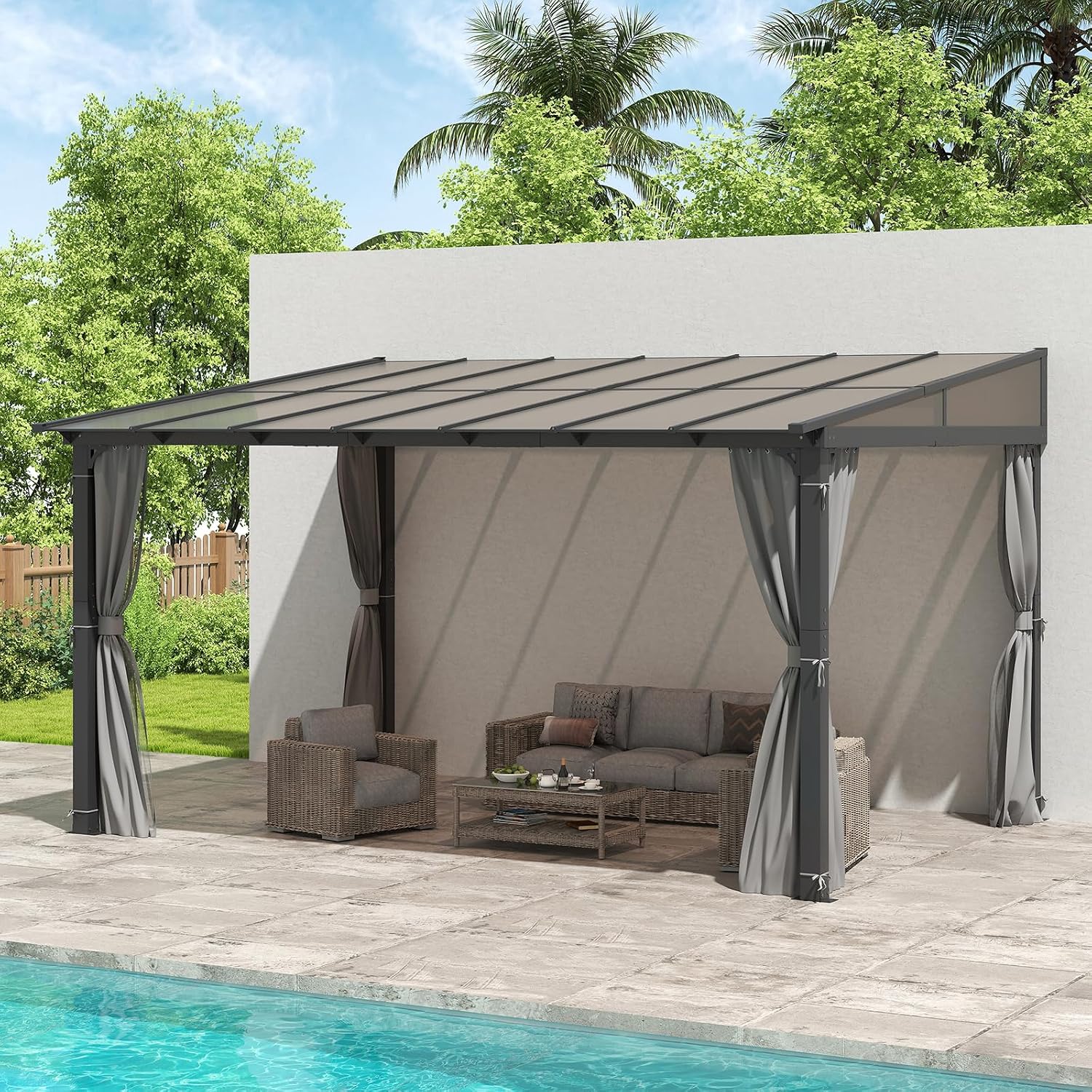 10'x13' Gazebo, Wall Mounted Gazebo Pergola with Aluminum Frame, Curtains and Netting for Patio,Decks, Garden and Lawn