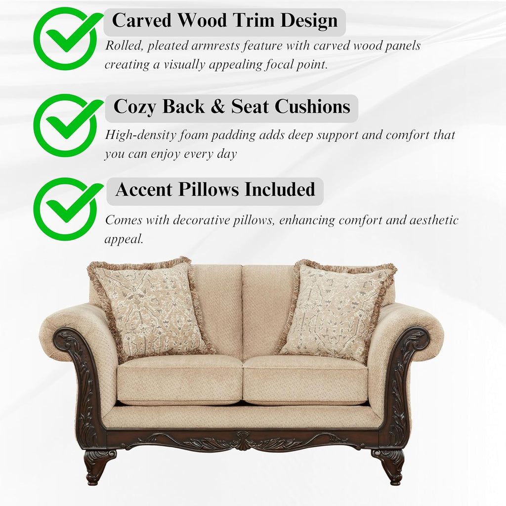 Hernen Carved Wood Frame 5-Piece Living Room Set, Beige Wheat
