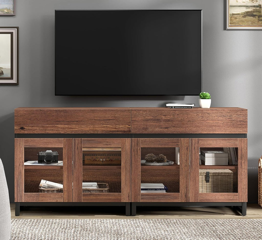 WAMPAT Modern TV Stand with Glass Doors for 40-70 inch TVs, 2 in 1 Entertainment Center Console with 2 Drawers and Metal Base for Living Room, Bedroom, Brown