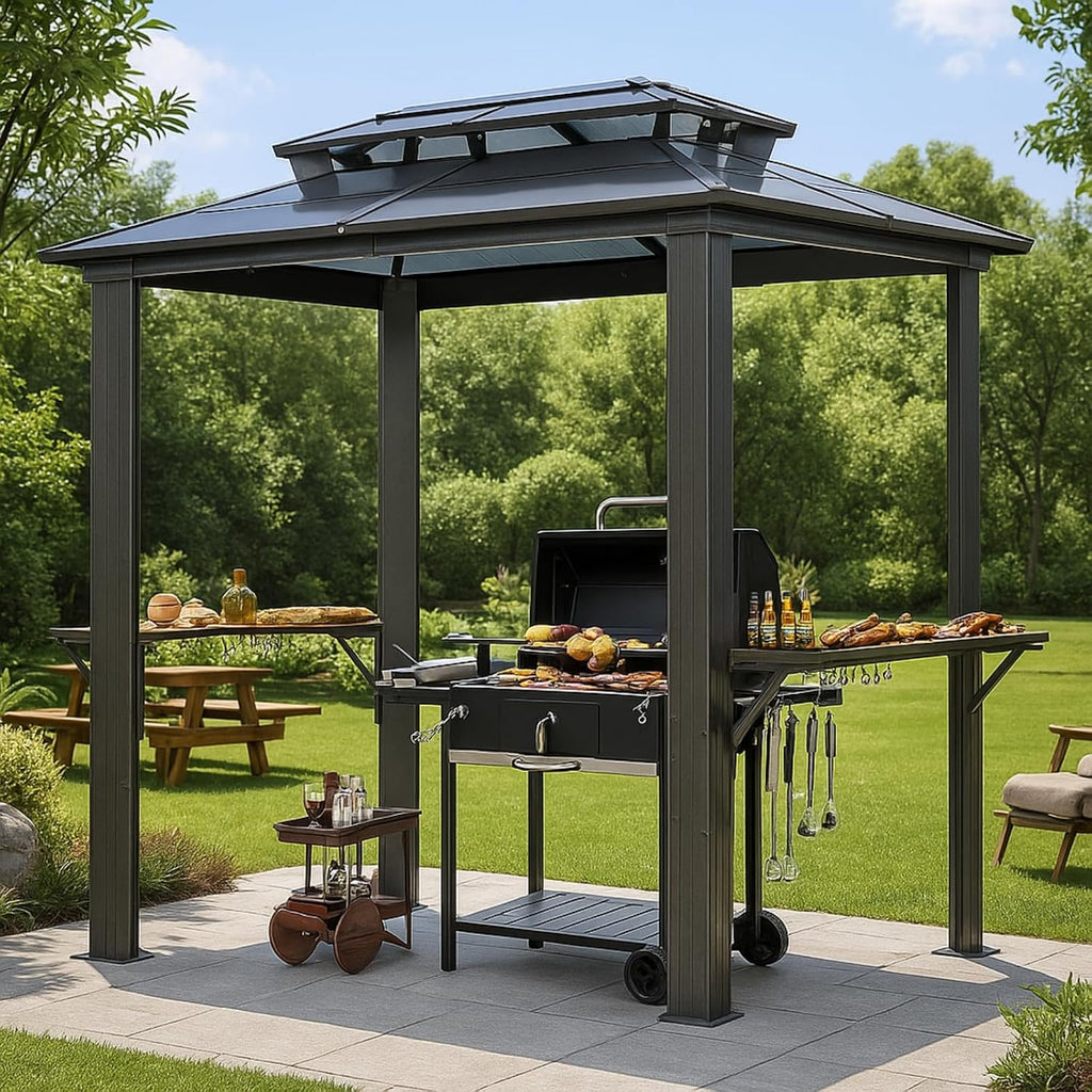 8x5 Hardtop Grill Gazebo, Vented Double Roof Polycarbonate BBQ Canopy for Outdoor Patio, Anti-UV Waterproof Shelter with Side Shelves & Hooks, Heavy Duty Steel Frame (8x5)