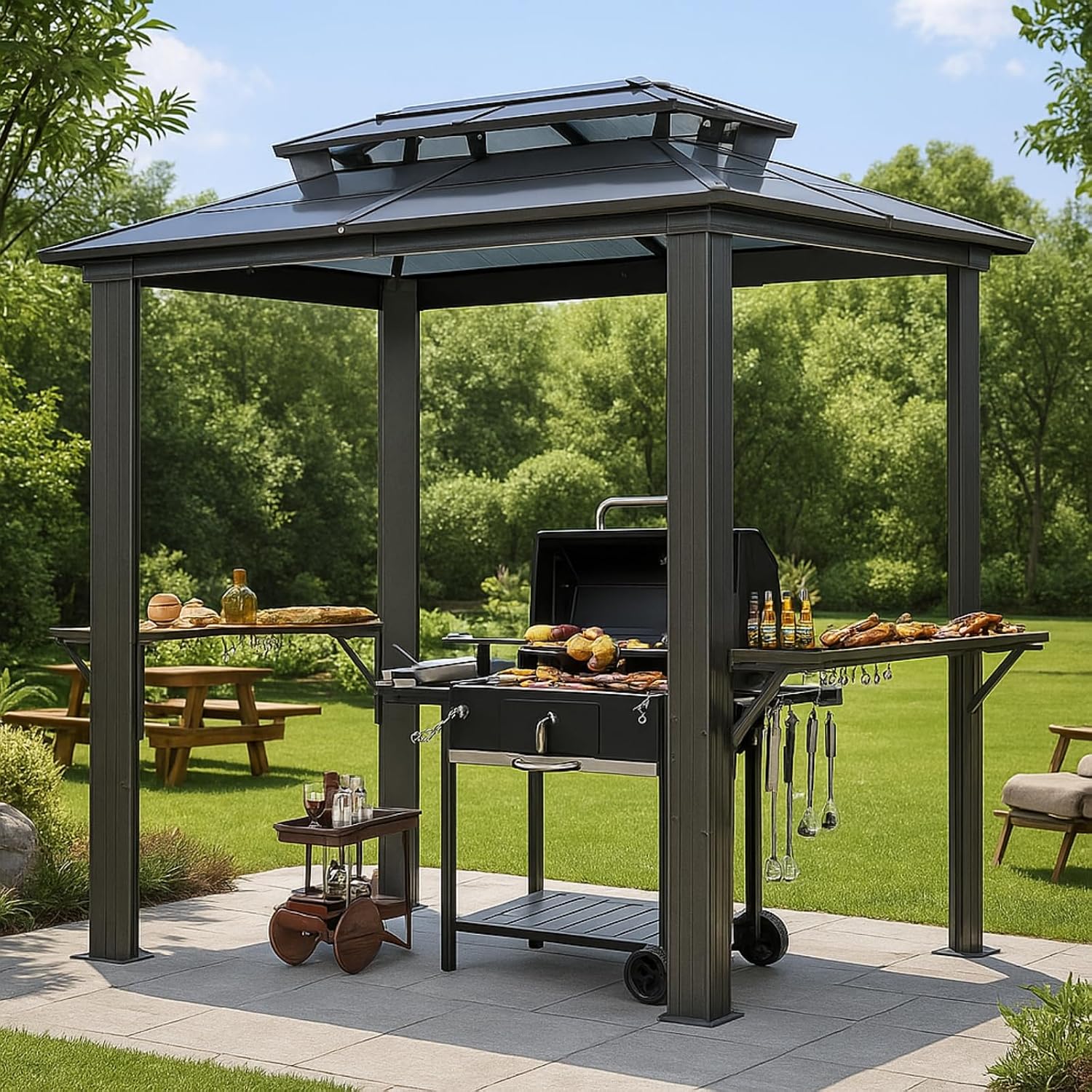 8x5 Hardtop Grill Gazebo, Vented Double Roof Polycarbonate BBQ Canopy for Outdoor Patio, Anti-UV Waterproof Shelter with Side Shelves & Hooks, Heavy Duty Steel Frame (8x5)