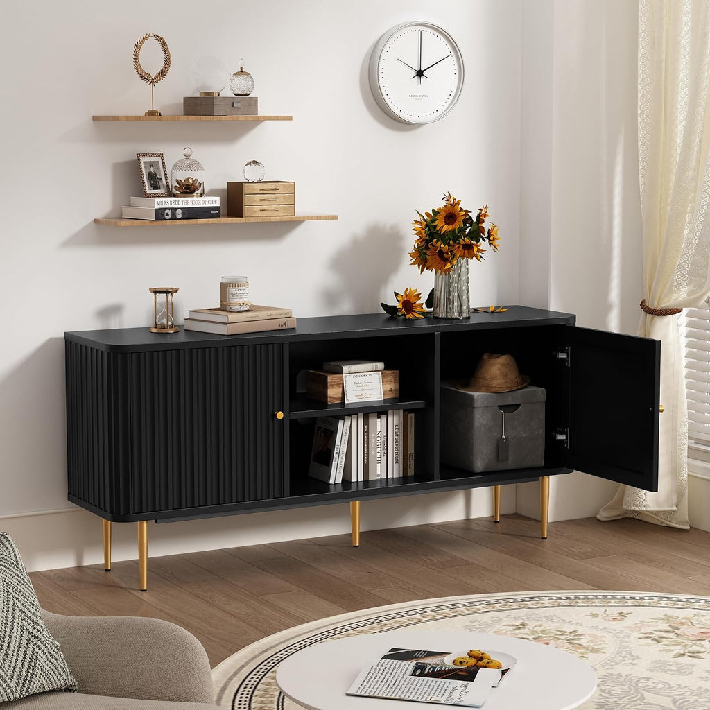 ARTPOWER 55' Fluted TV Stand, Mid Century Modern Black TV Stand for 55/60/65 inch TV, Entertainment Center with Storage, Television Stands, TV Console, Media Console for Living Room, Bedroom (Black)