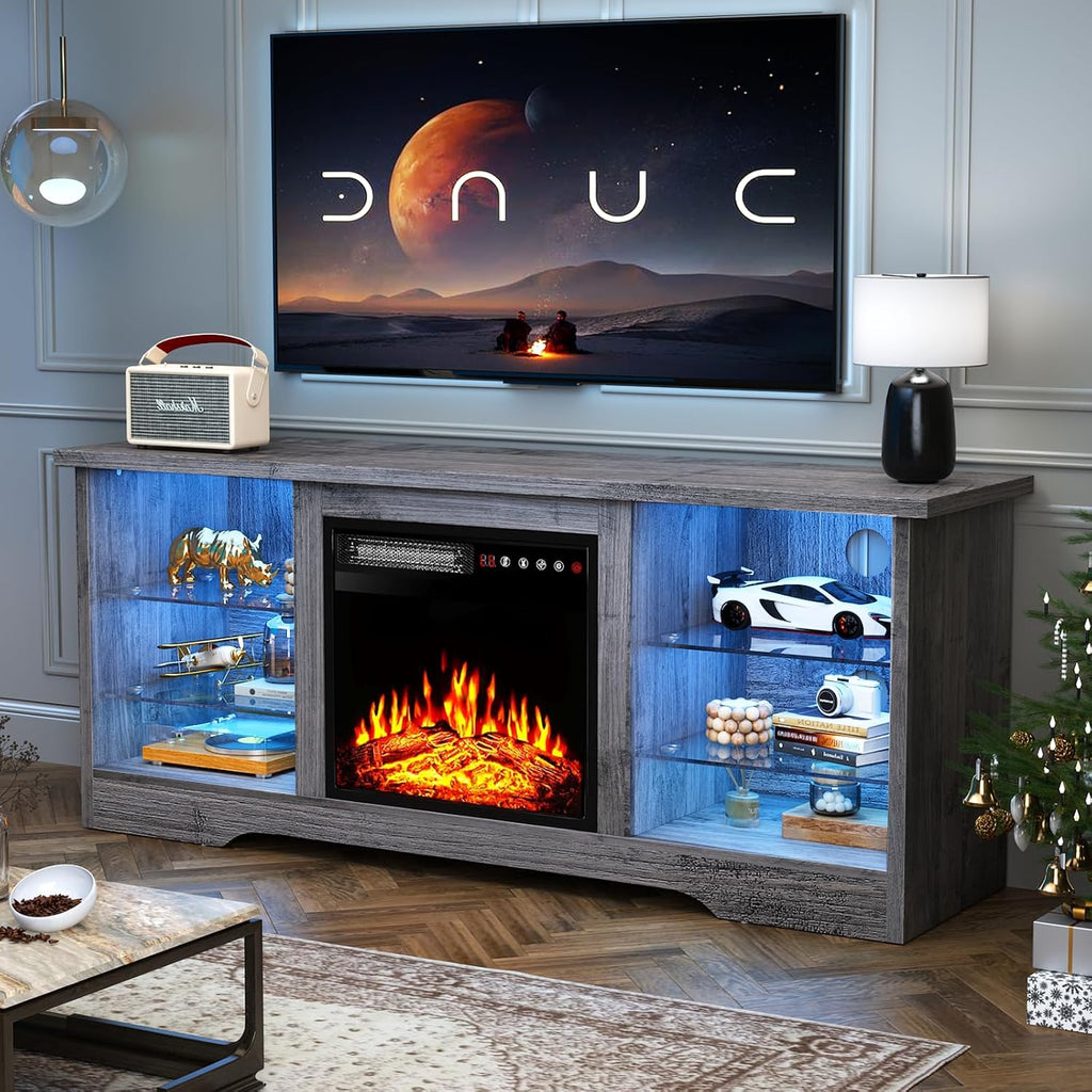 TAVATA 58' Fireplace TV Stand, Modern Entertainment Center with Fireplace for TVs up to 65 inch, Media TV Console for Living Room with Led Lights, Adjustable Glass Shelves and Storage Cabinets (Grey)