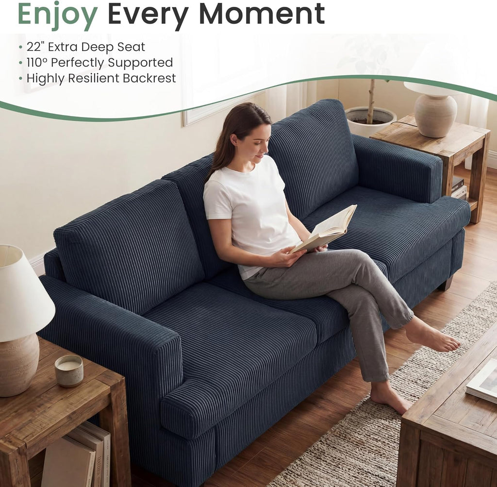 YOUDENOVA 2 Piece Set Comfy Sofa Couch, 3 Seater & Loveseat Sofa with Deep Seats, Modern Sleeper Couch for Living Room, Blue Corduroy