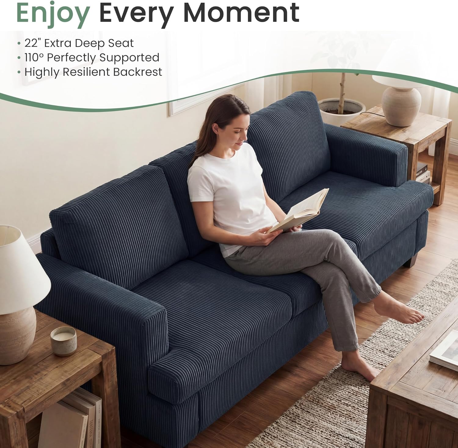 YOUDENOVA 2 Piece Set Comfy Sofa Couch, 3 Seater & Loveseat Sofa with Deep Seats, Modern Sleeper Couch for Living Room, Blue Corduroy