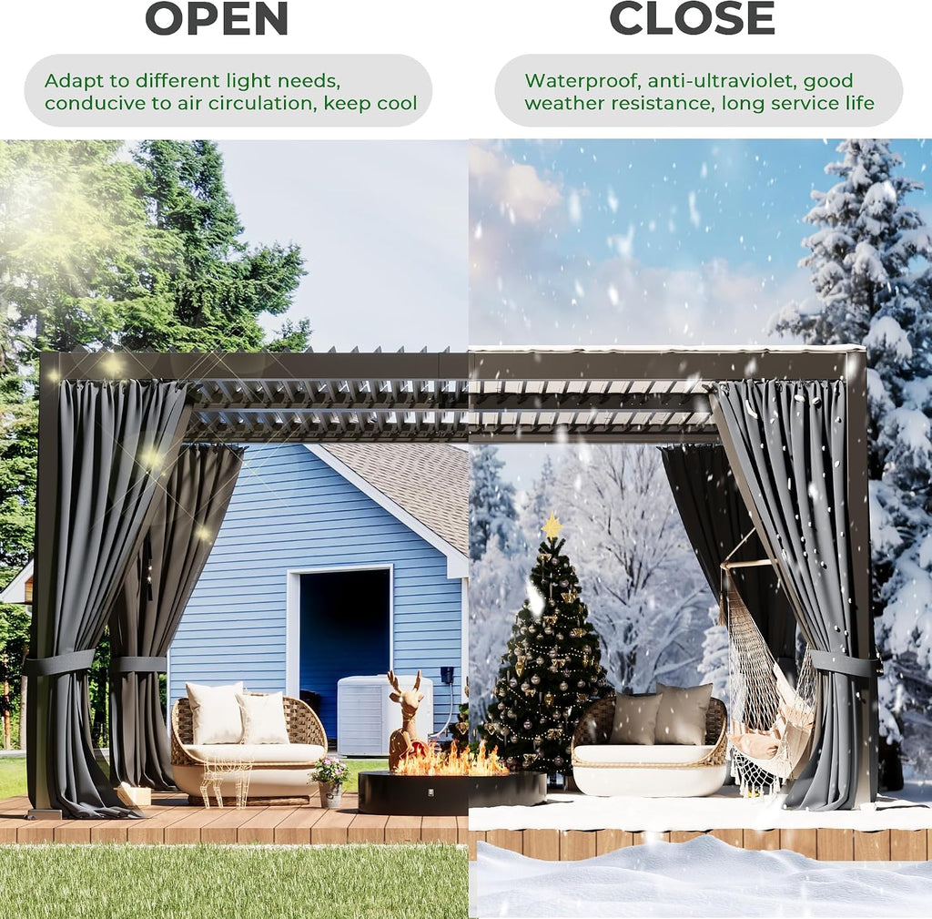 10×13 FT Aluminum Louvered Pergola,Outdoor Metal Pergola with Adjustable Waterproof Louvered Roof, Outdoor Gazebo with Curtains & Nets for Patio,Backyard,Garden (Grey)