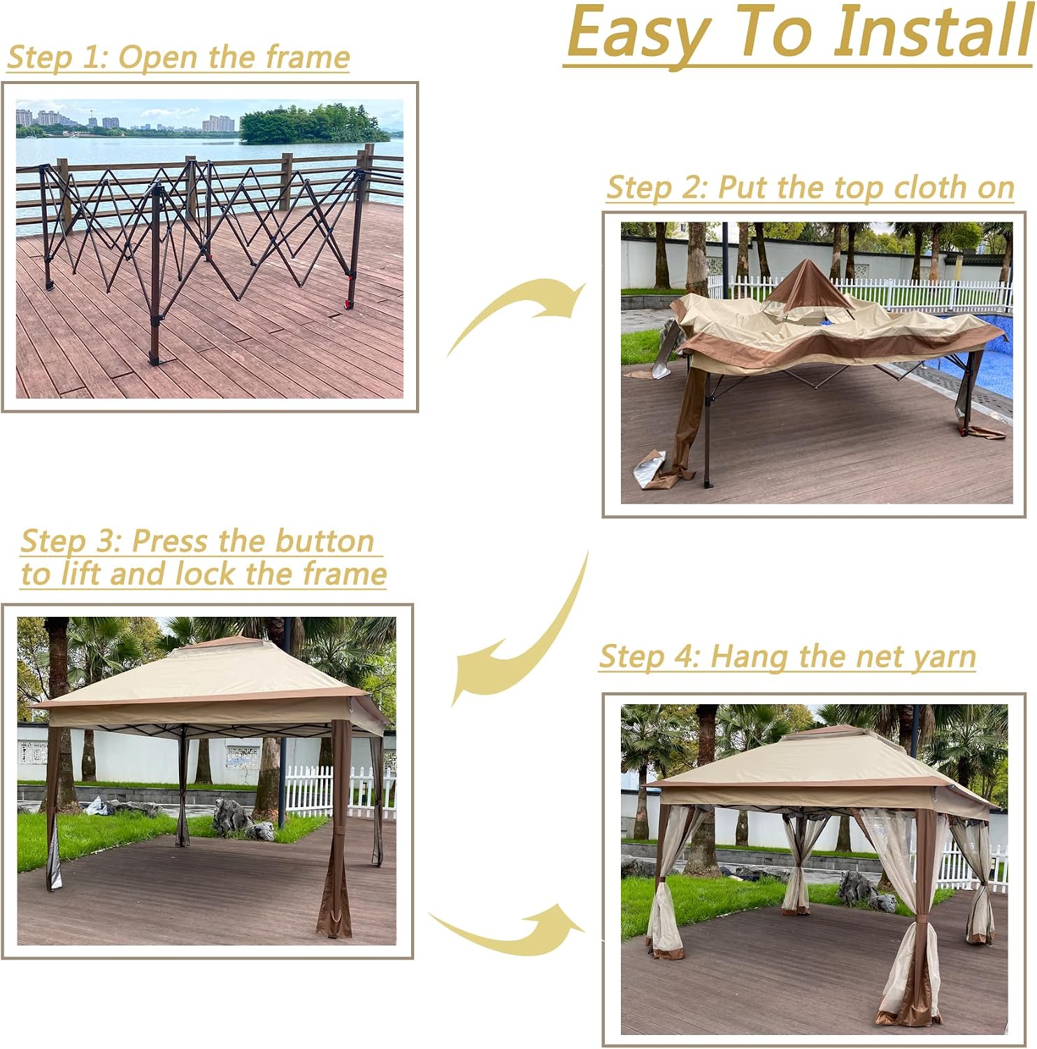 11x11 Ft Pop Up Gazebo with Removable Zipper Netting, Outdoor Gazebo Tent with Double Roof & Height Adjustable Leg, Easy Up Canopy Tent with Carry Bag for Backyard, Deck, Patio Shade (Beige)