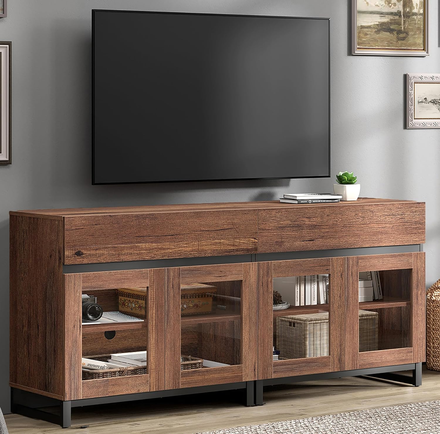 WAMPAT Modern TV Stand with Glass Doors for 40-70 inch TVs, 2 in 1 Entertainment Center Console with 2 Drawers and Metal Base for Living Room, Bedroom, Brown