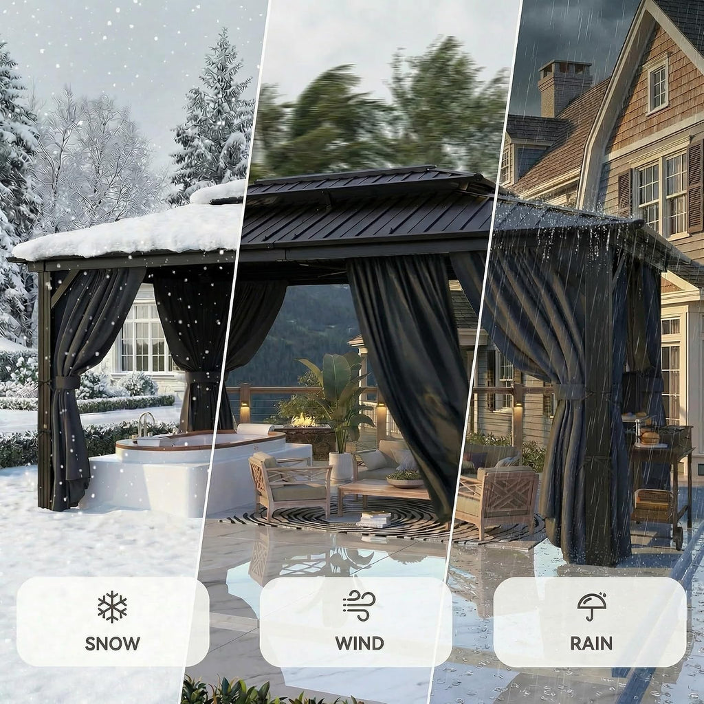 HOTEEL 10x15 Hardtop Gazebo On Clearance with Galvanized Steel Double Roof,Heavy Duty Gazebo with Flame-Retardant Curtain & Netting, Permanent Pavilion Outdoor for Patio, Frame Thickened, Black