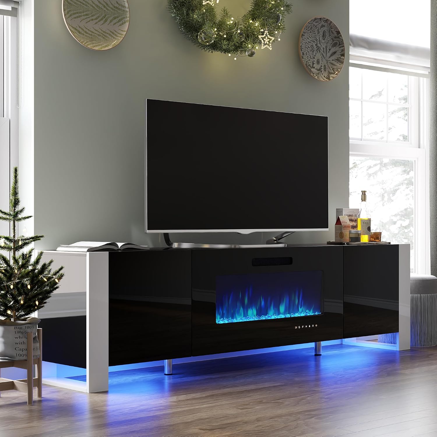 VanAcc 80' Fireplace TV Stand with 40' Electric Fireplace, High Gloss Entertainment Center with LED Lights, Modern Entertainment Stand for TVs up to 90', Black