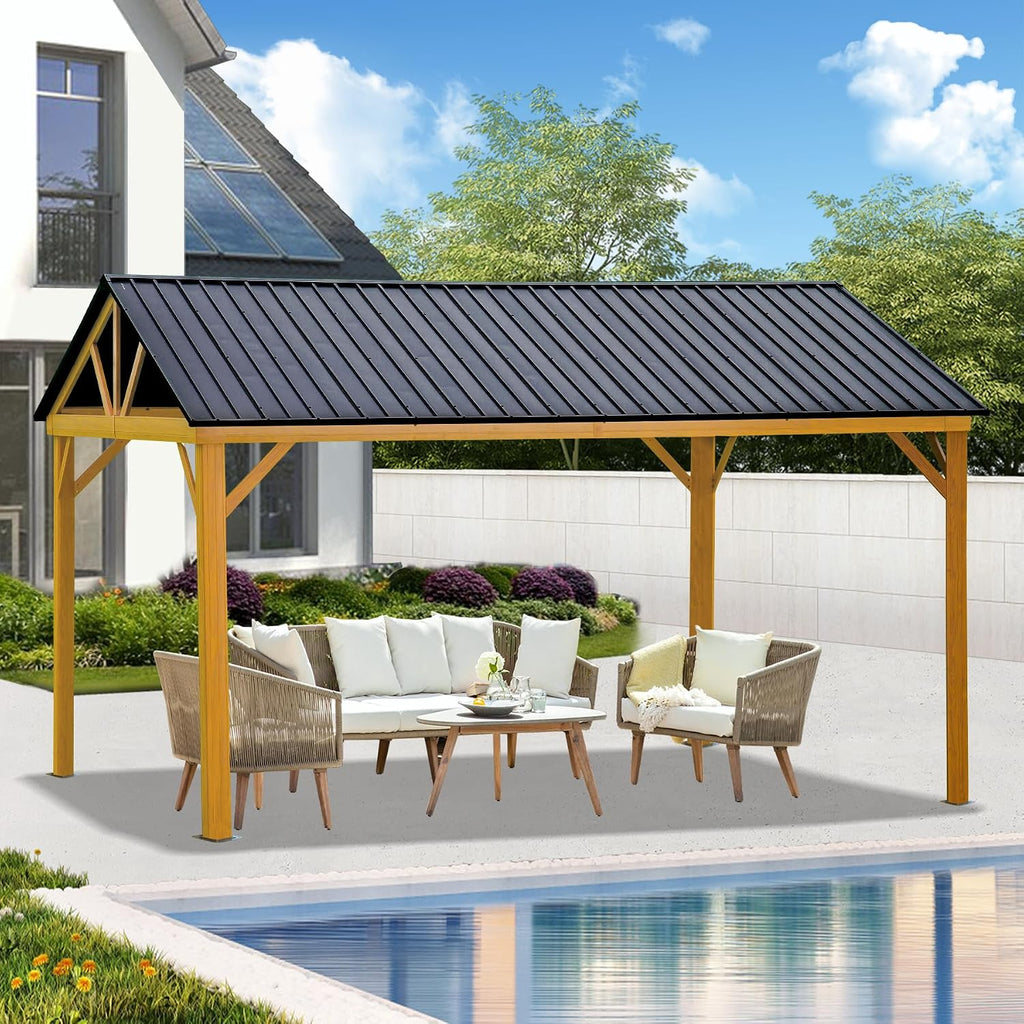 Domi 12'x14' Hardtop Gazebo,Outdoor Permanent Gazebo with Galvanized Steel Gable Roof and Wood Grain Aluminum Frame, Metal Pavilion Gazebo for Patio, Backyard, Deck and Lawns