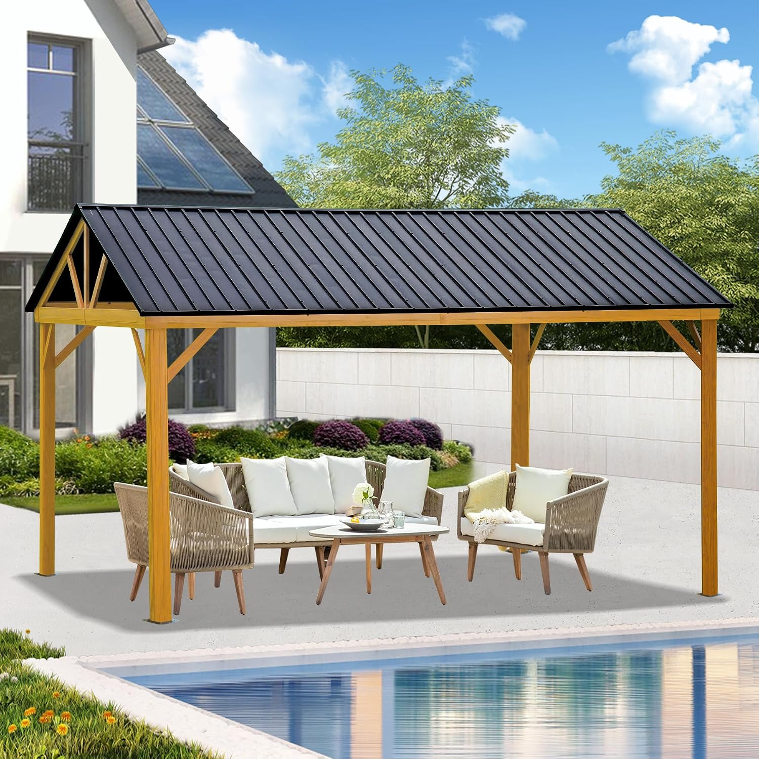 Domi 12'x14' Hardtop Gazebo,Outdoor Permanent Gazebo with Galvanized Steel Gable Roof and Wood Grain Aluminum Frame, Metal Pavilion Gazebo for Patio, Backyard, Deck and Lawns