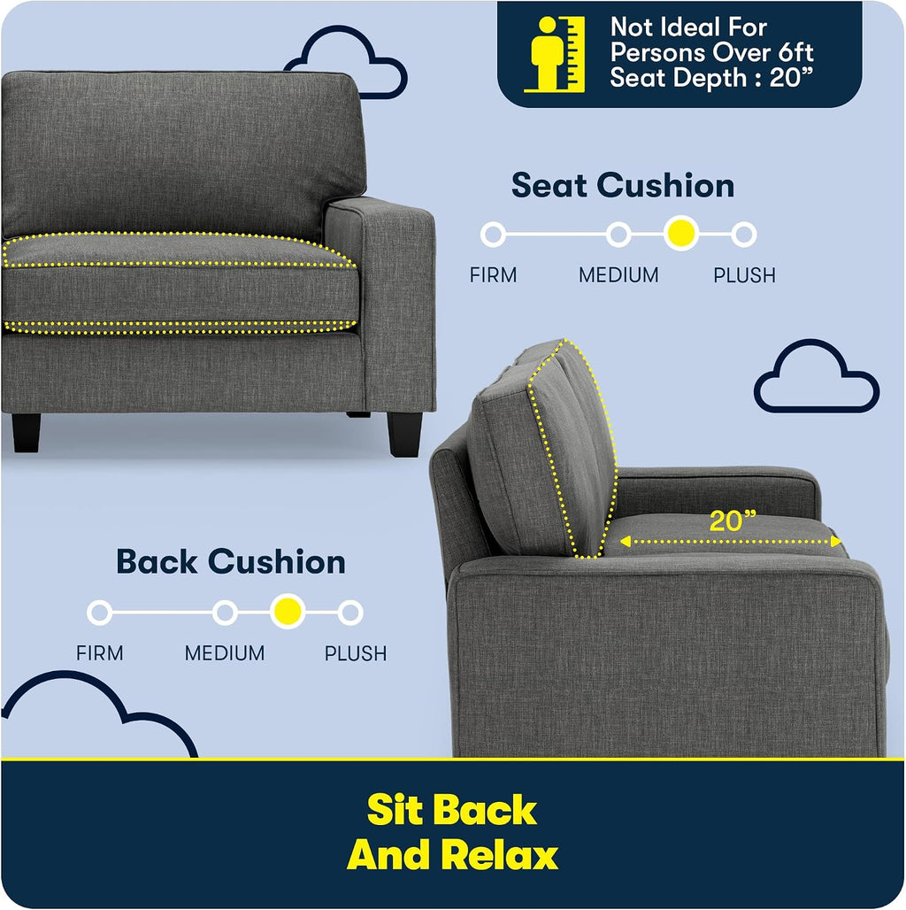 Serta Palisades 78' Track Arm Sofa, Easy Care Polyester, Soft Pillow Back, Pocket Coil Seat Cushions, Removable Covers, Loveseat or Couch for Small Spaces, Living Rooms or Bedrooms, Gray