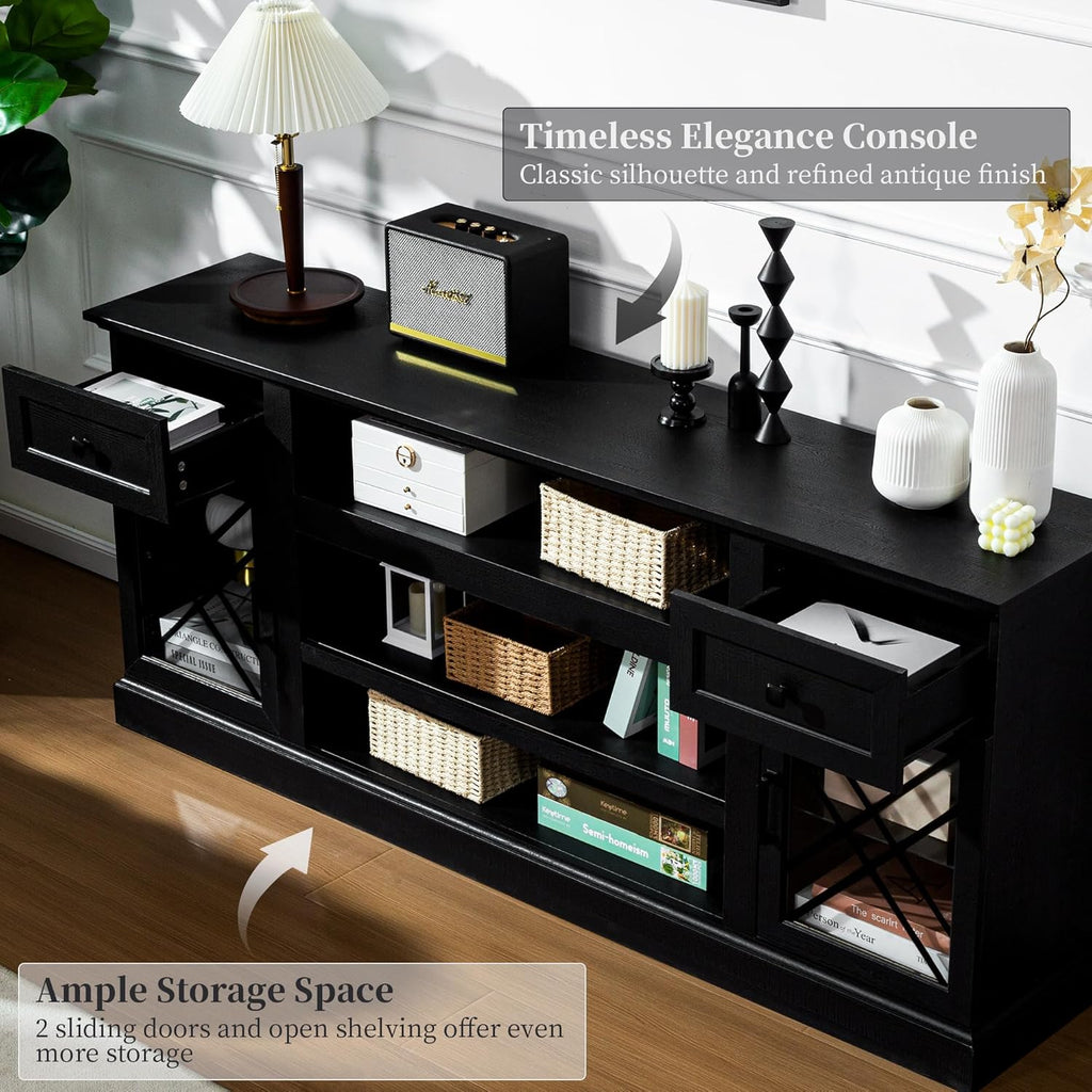 70 Inch Farmhouse TV Stand Table for 75 80 inch TV, Modern Entertainment Center with LED Lights and 2 Drawers, Wooden TV Stands for Living Room (Black)